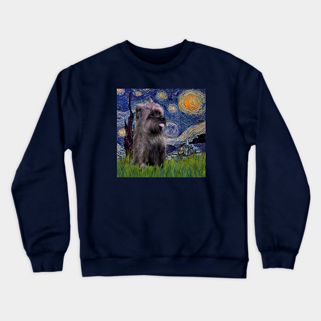 Starry Night (Van Gogh) Adapted to Feature a Brindle Cairn Terrier Crewneck Sweatshirt by Dogs Galore and More